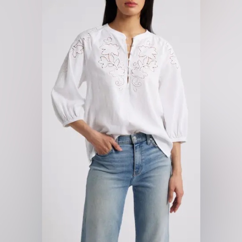 Caslon Embroidered Cutwork Split Neck Popover Top… - image 1